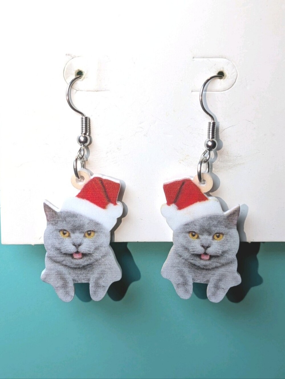 Hand Crafted Gray Cat Earrings with Red Santa Hats